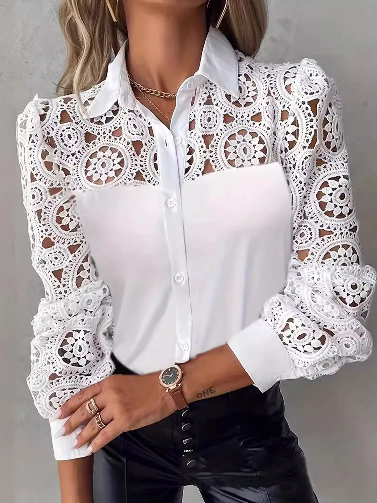 Shirt Collar Long Sleeve Plain Lace Regular Loose Shirt For Women