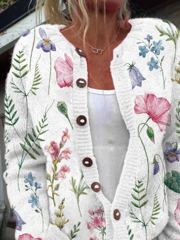 Women Knitted Floral Long Sleeve Comfy Casual Cardigan