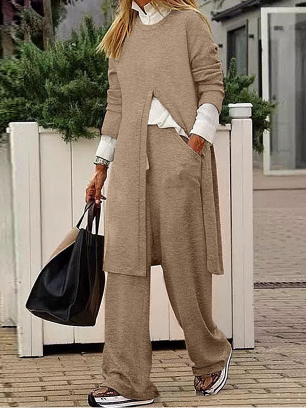 Women Plain Crew Neck Long Sleeve Comfy Casual Top With Pants Two-Piece Set