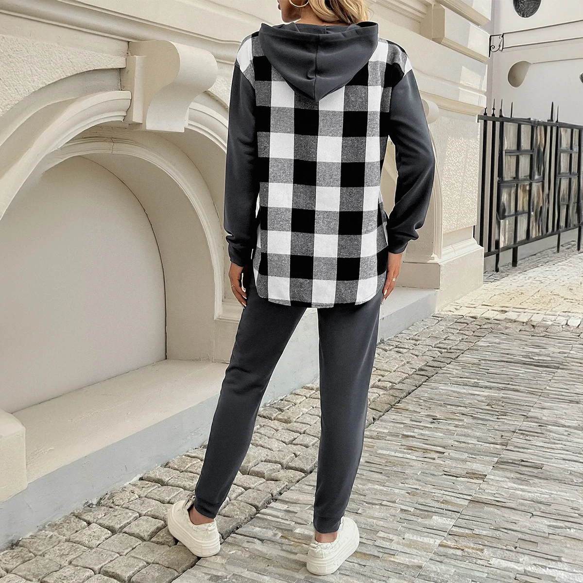 Women Plaid Shawl Collar Long Sleeve Comfy Casual Top With Pants Two-Piece Set