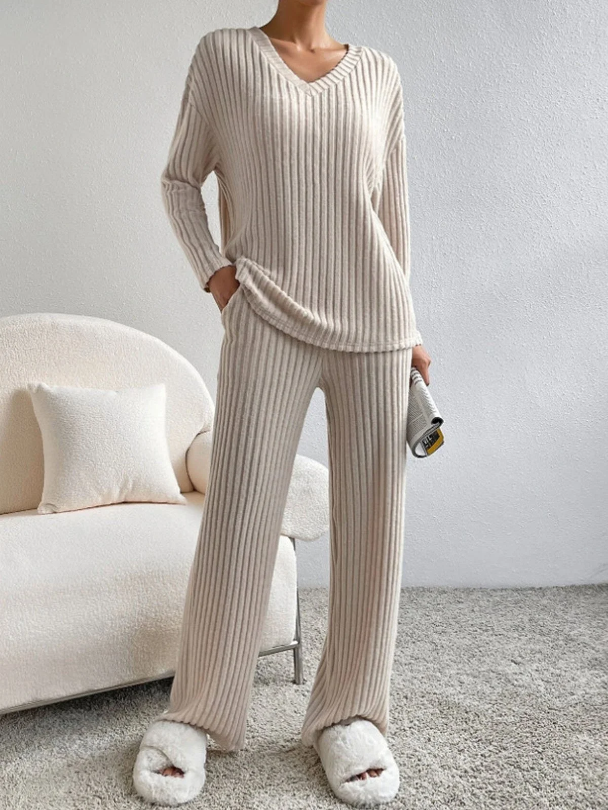 Women Plain V Neck Long Sleeve Comfy Casual Top With Pants Two-Piece Set