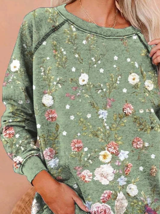 Casual Crew Neck Floral Sweatshirt Zipper