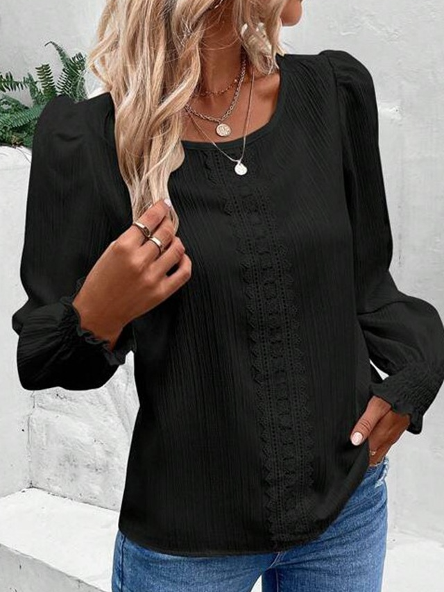 Crew Neck Long Sleeve Plain Lace Regular Loose Blouse For Women