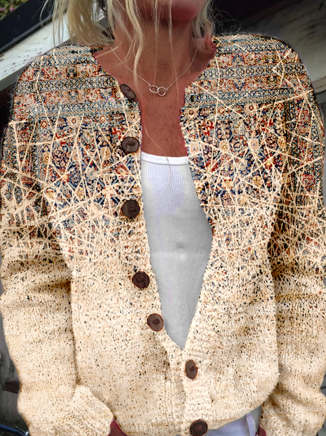 Women Knitted Abstract Graphic Long Sleeve Comfy Casual Cardigan