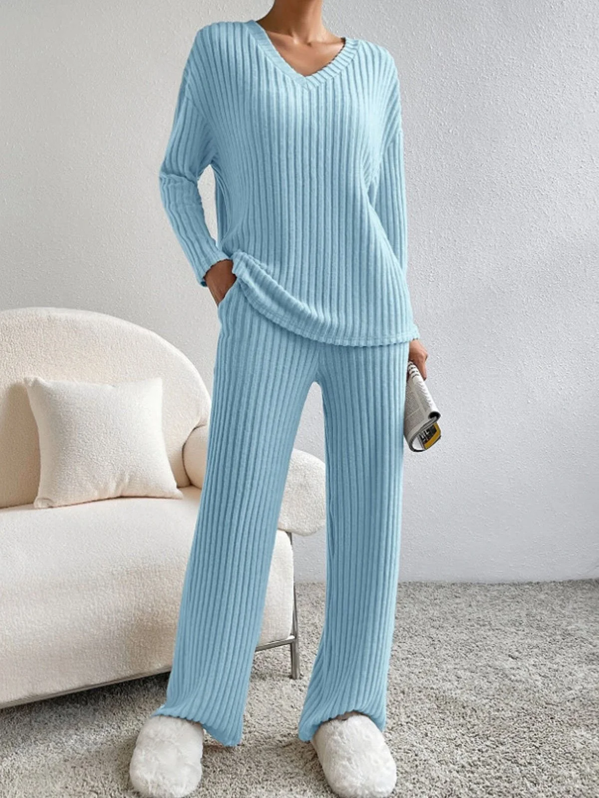 Women Plain V Neck Long Sleeve Comfy Casual Top With Pants Two-Piece Set