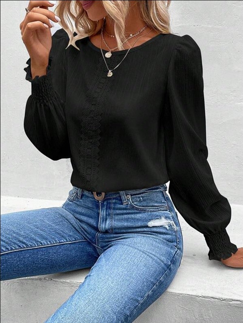 Crew Neck Long Sleeve Plain Lace Regular Loose Blouse For Women