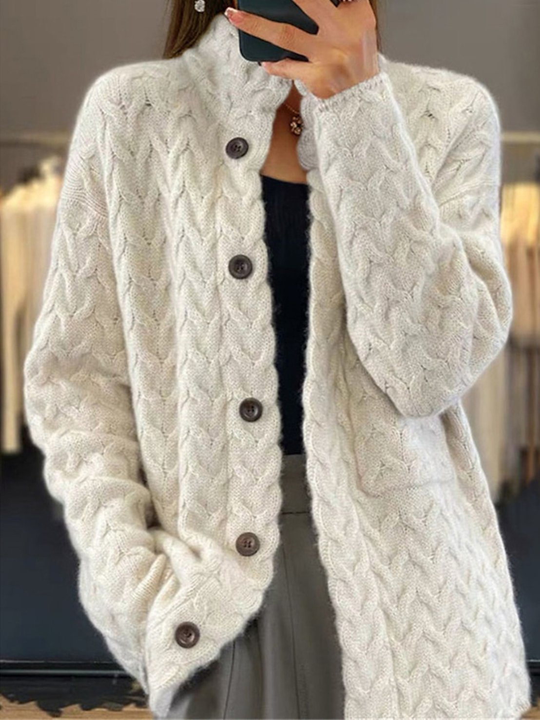 Women Yarn/Wool Yarn Plain Long Sleeve Comfy Casual Cardigan