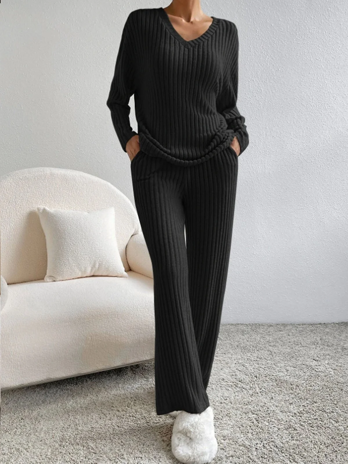 Women Plain V Neck Long Sleeve Comfy Casual Top With Pants Two-Piece Set