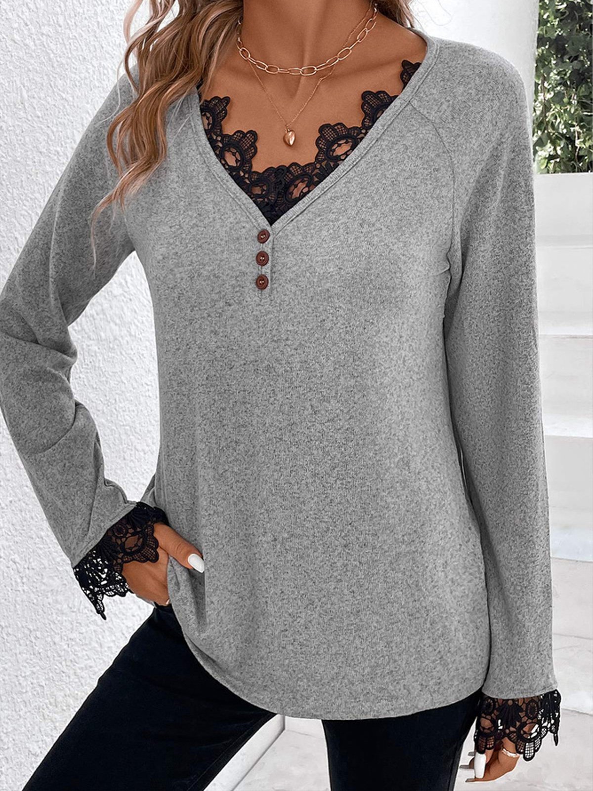 Casual Plain V Neck Long Sleeve T-shirt