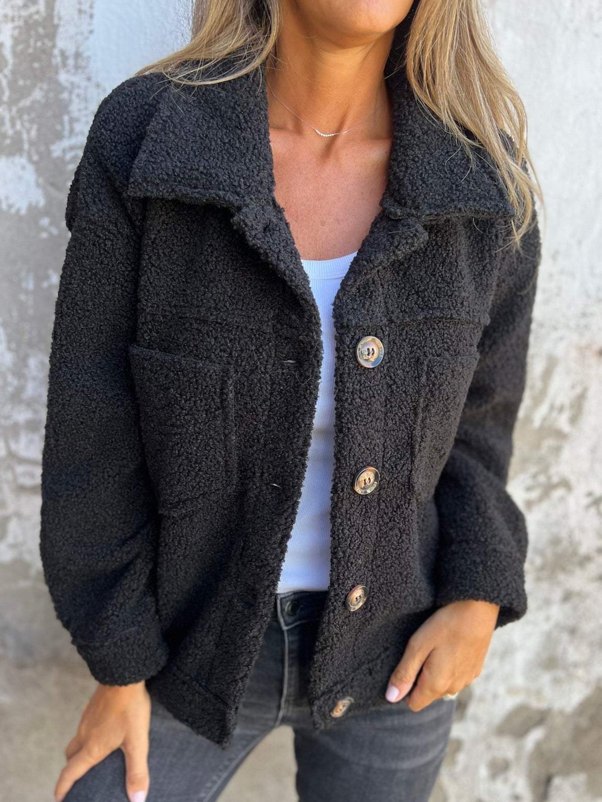 Women's Plain Shirt Jacket Buttoned Thicken Loose Teddy Jacket