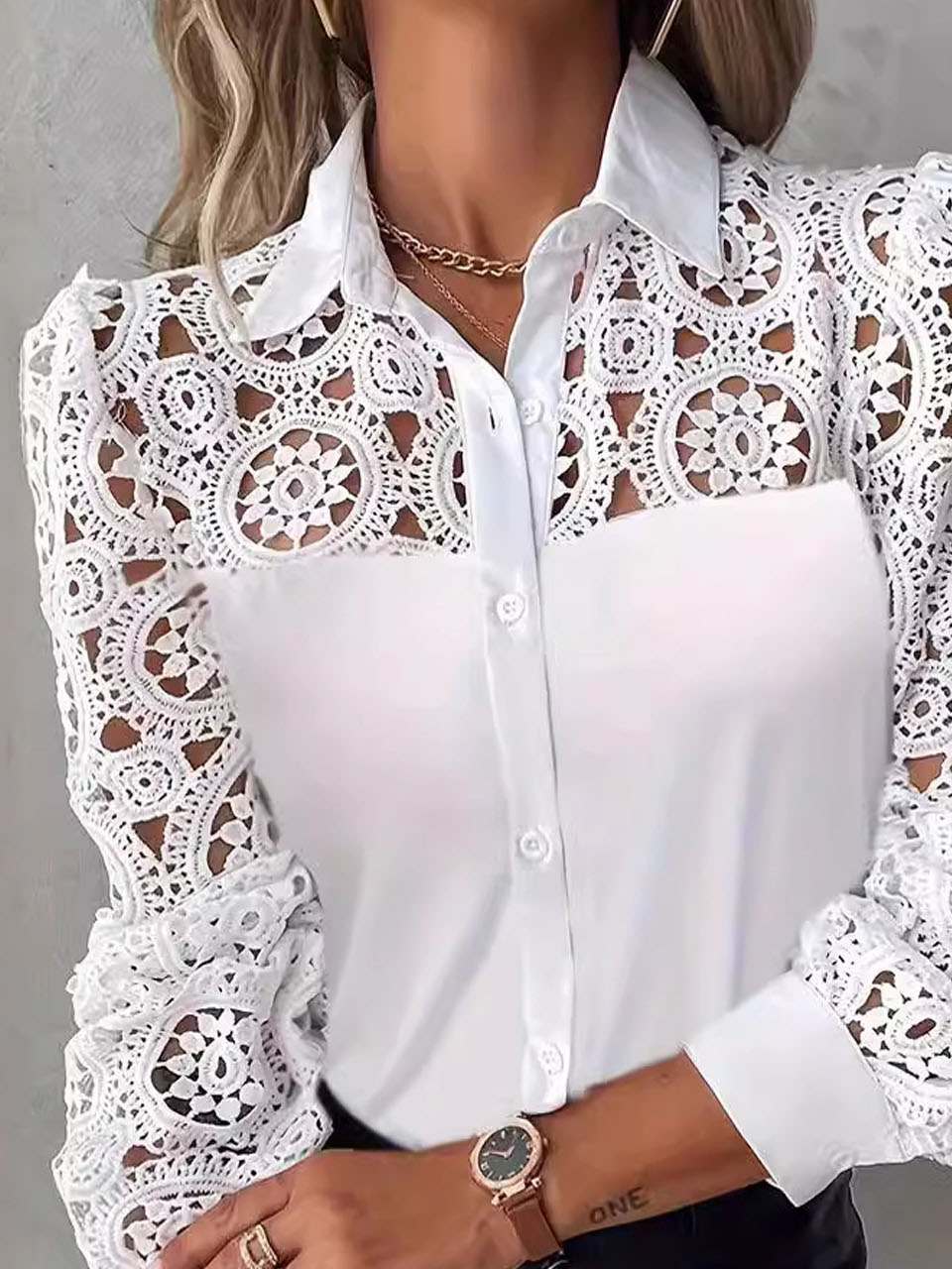 Shirt Collar Long Sleeve Plain Lace Regular Loose Shirt For Women