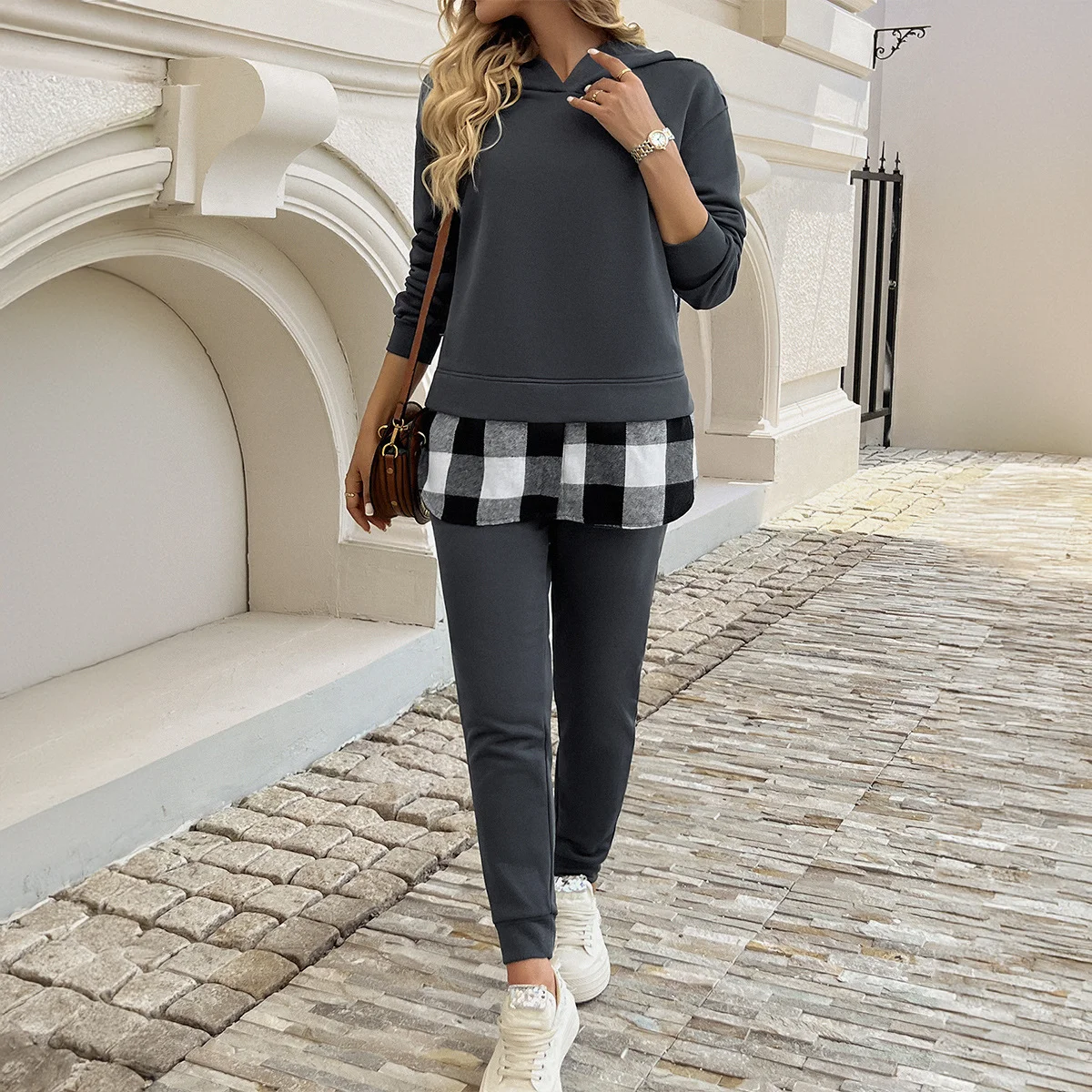 Women Plaid Shawl Collar Long Sleeve Comfy Casual Top With Pants Two-Piece Set