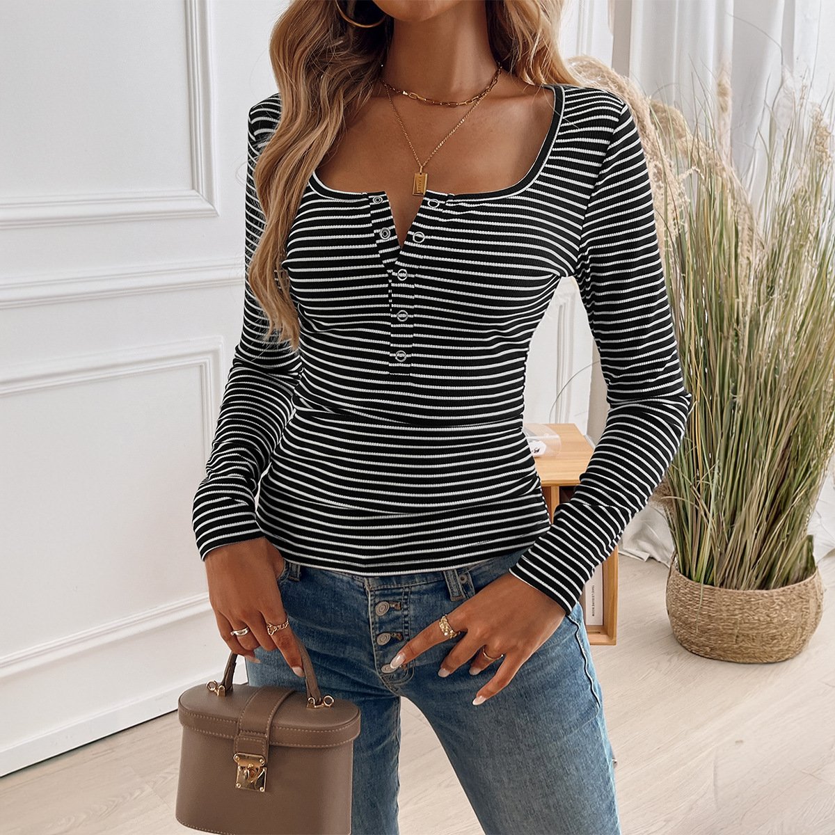 Turtleneck Long Sleeve Striped Regular Micro-Elasticity Loose Blouse For Women