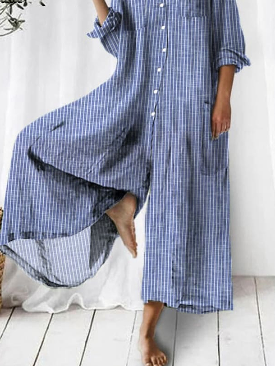 Women Short Sleeve Shawl Collar Loose Long Buttoned Daily Casual Striped Natural Shirt Jumpsuit