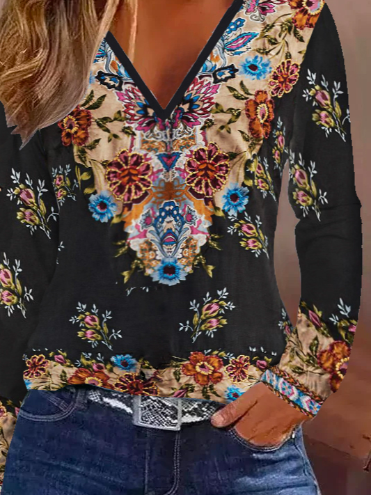 Casual Floral V Neck Long Sleeve T-shirt