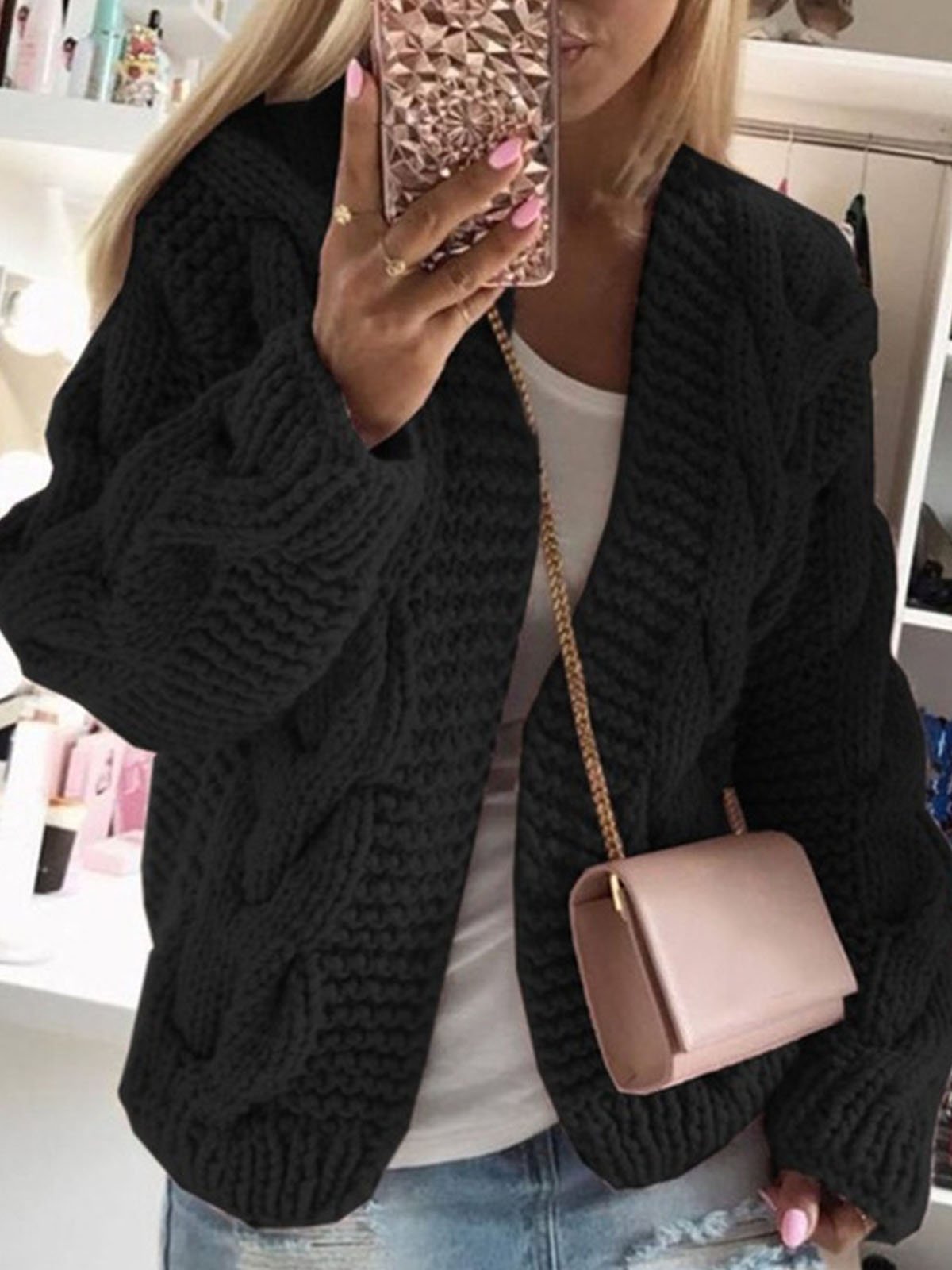 Women Yarn/Wool Yarn Plain Long Sleeve Comfy Casual Cardigan