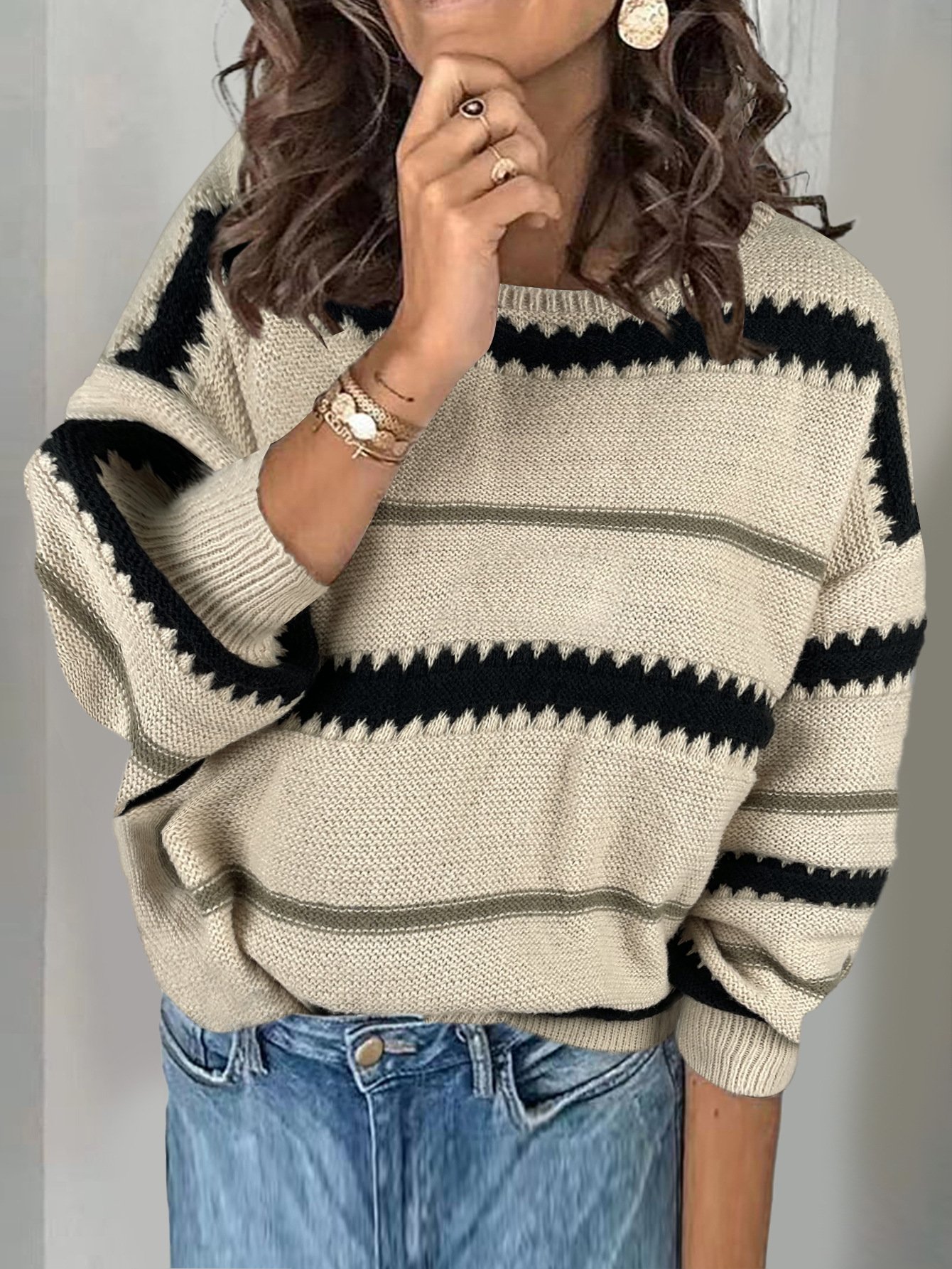 Women Yarn/Wool Yarn Striped Long Sleeve Comfy Casual Sweater