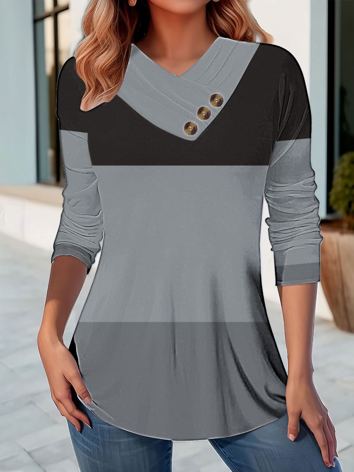 Casual Abstract V Neck Long Sleeve T-shirt