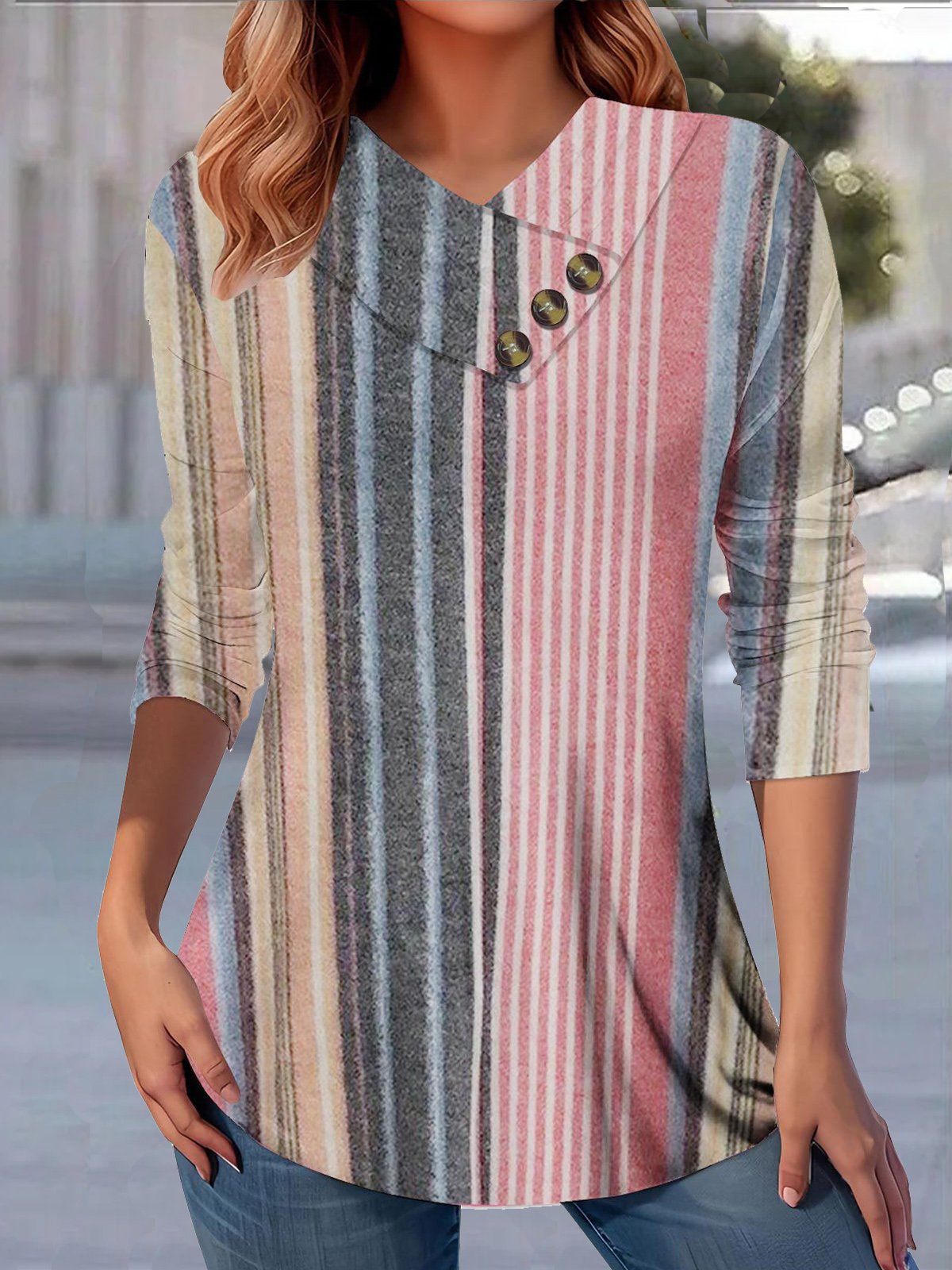 Casual Striped V Neck Long Sleeve T-shirt