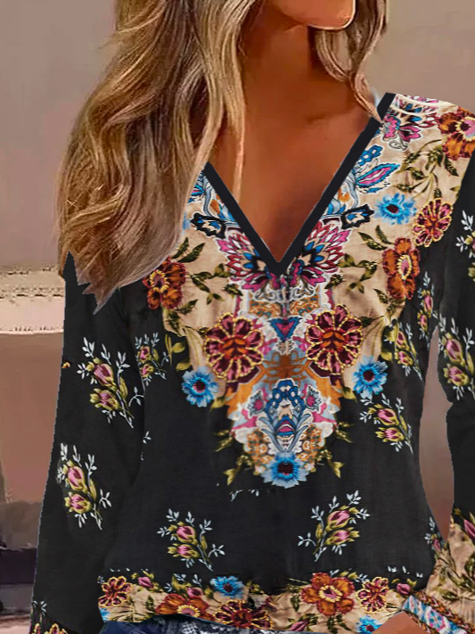 Casual Floral V Neck Long Sleeve T-shirt