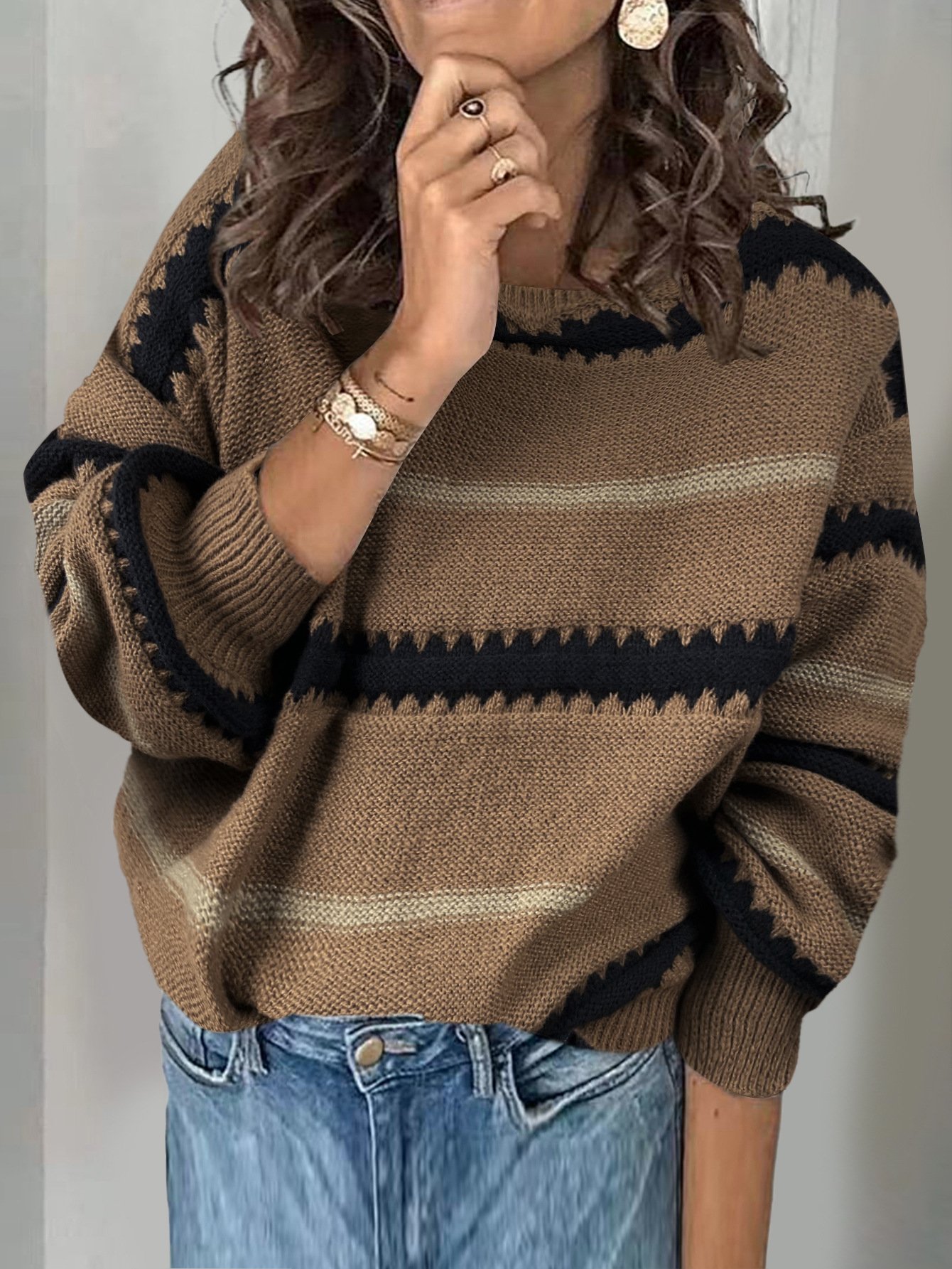 Women Yarn/Wool Yarn Striped Long Sleeve Comfy Casual Sweater