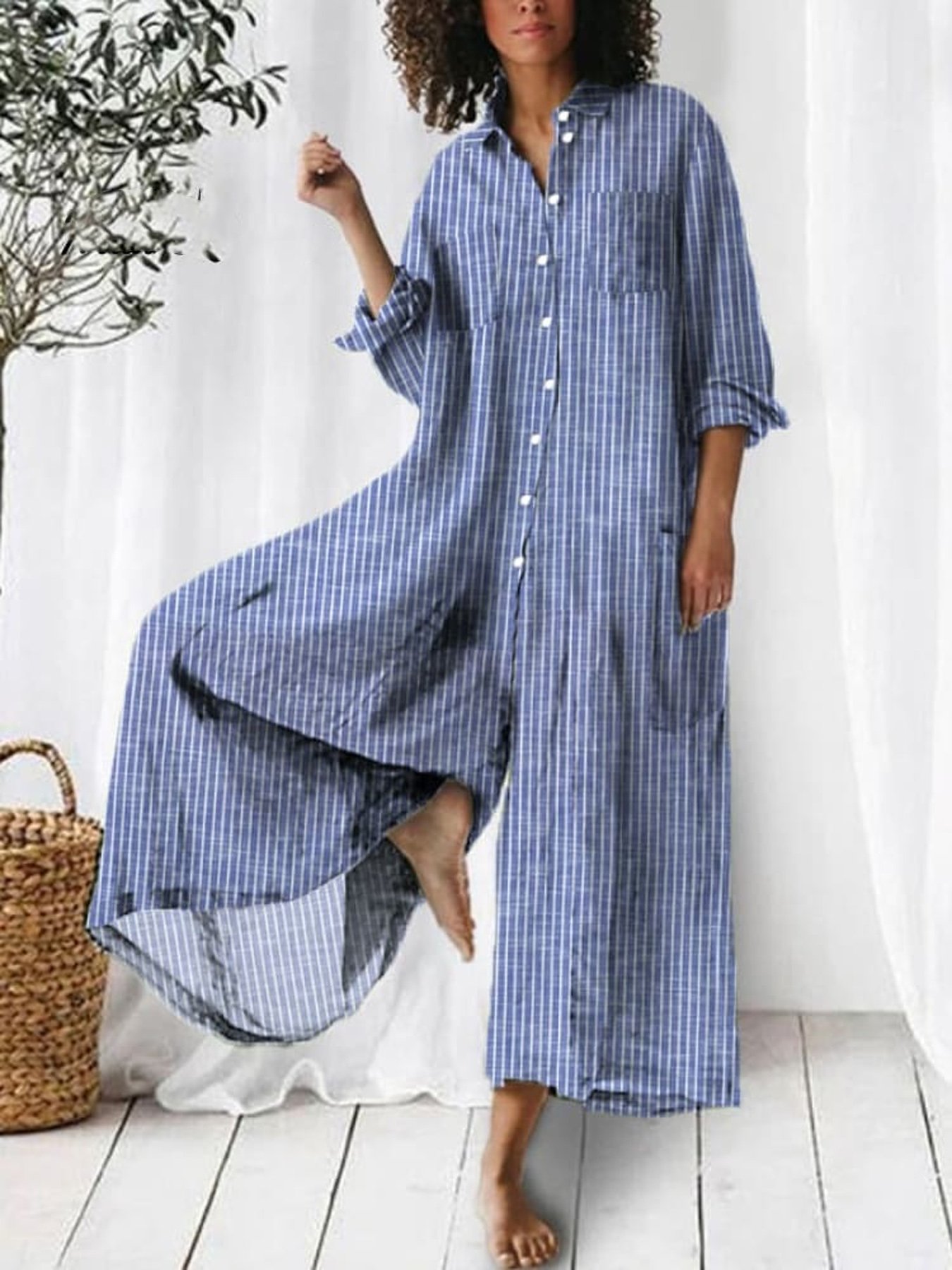 Women Short Sleeve Shawl Collar Loose Long Buttoned Daily Casual Striped Natural Shirt Jumpsuit