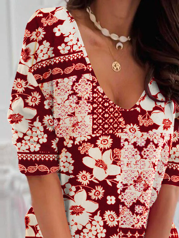 Casual Floral V Neck Long Sleeve T-shirt