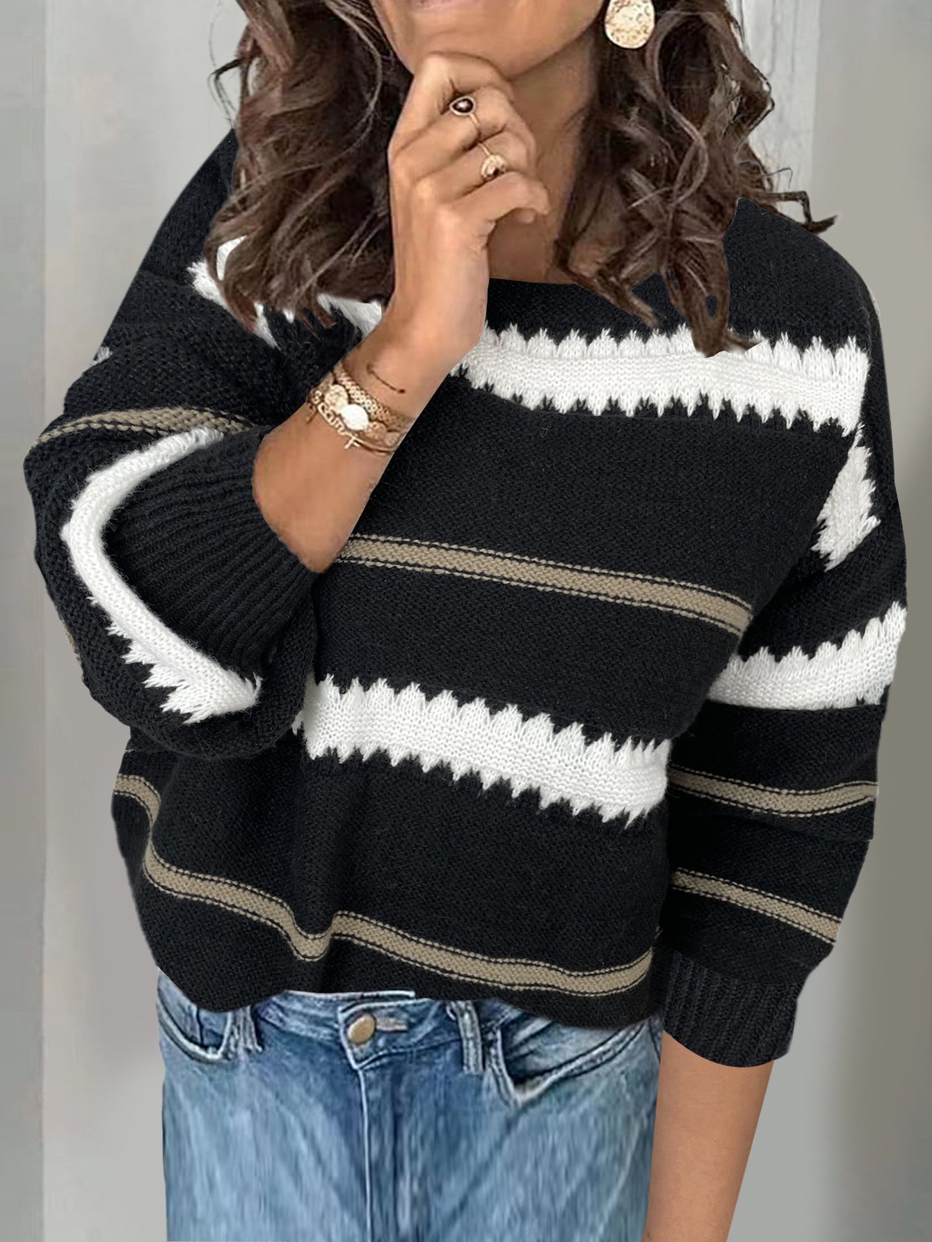 Women Yarn/Wool Yarn Striped Long Sleeve Comfy Casual Sweater