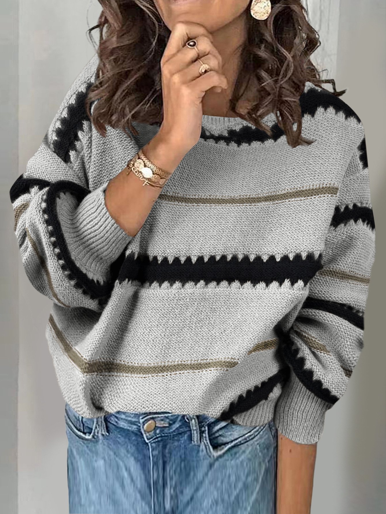 Women Yarn/Wool Yarn Striped Long Sleeve Comfy Casual Sweater