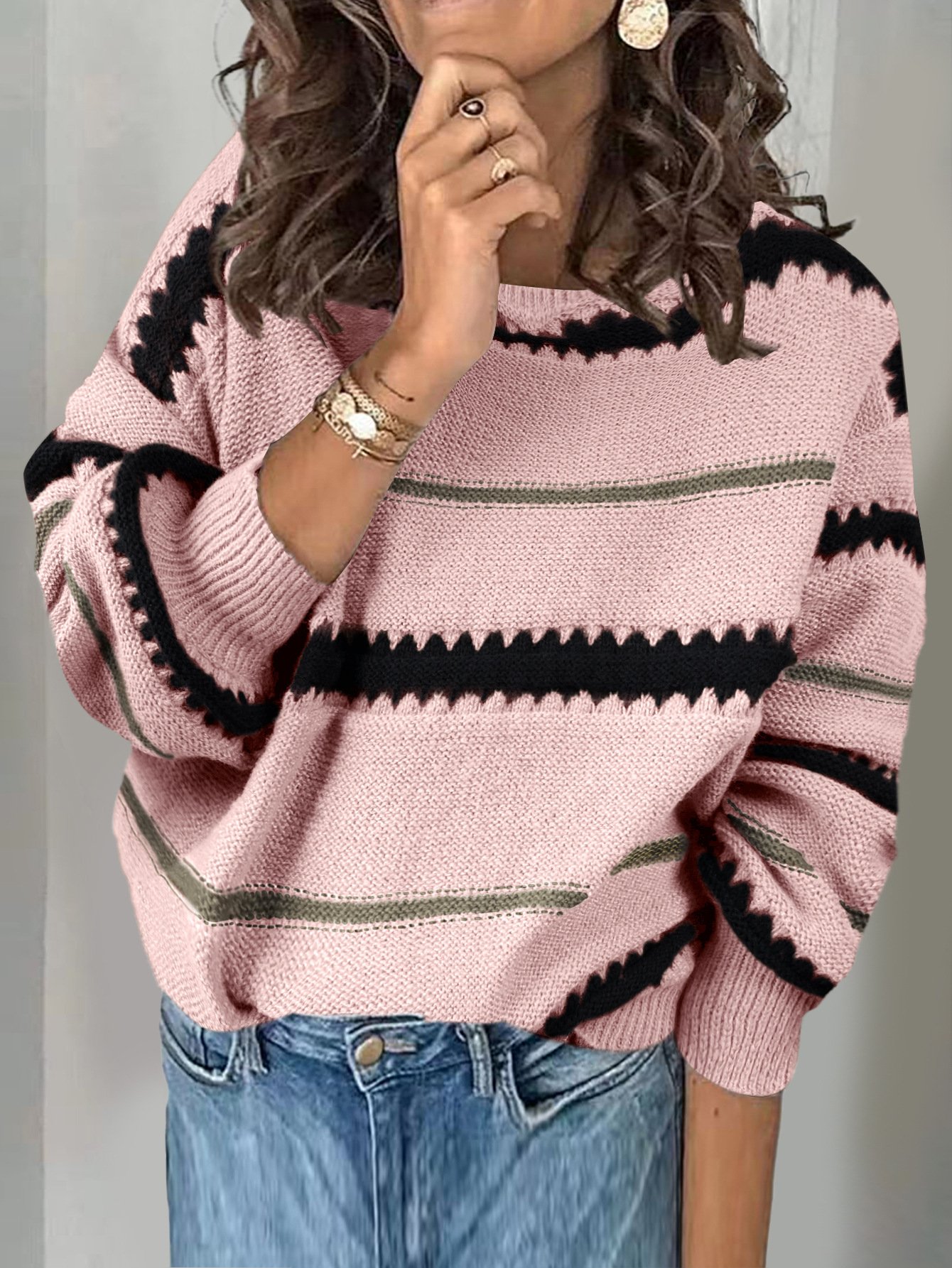 Women Yarn/Wool Yarn Striped Long Sleeve Comfy Casual Sweater