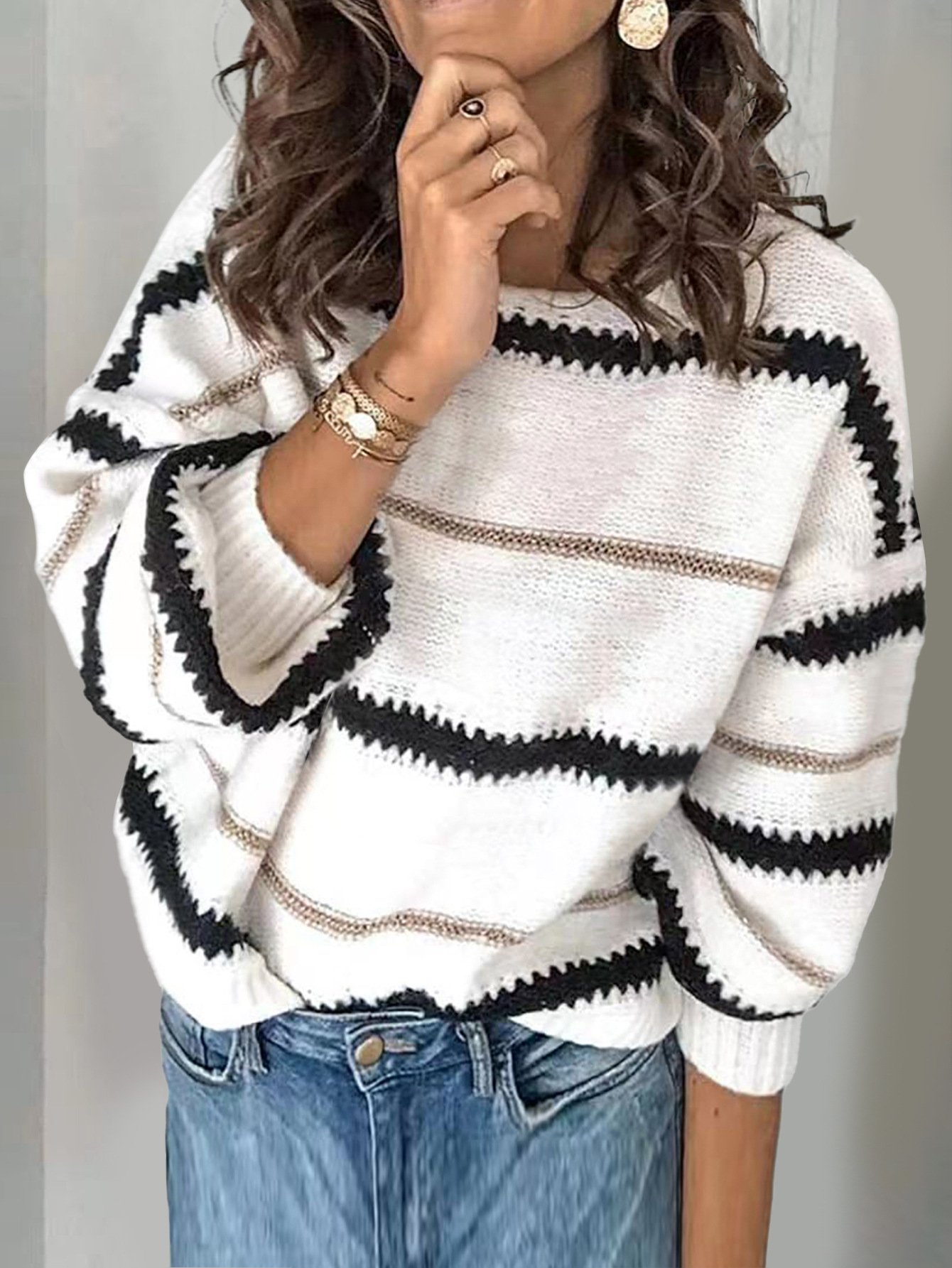 Women Yarn/Wool Yarn Striped Long Sleeve Comfy Casual Sweater