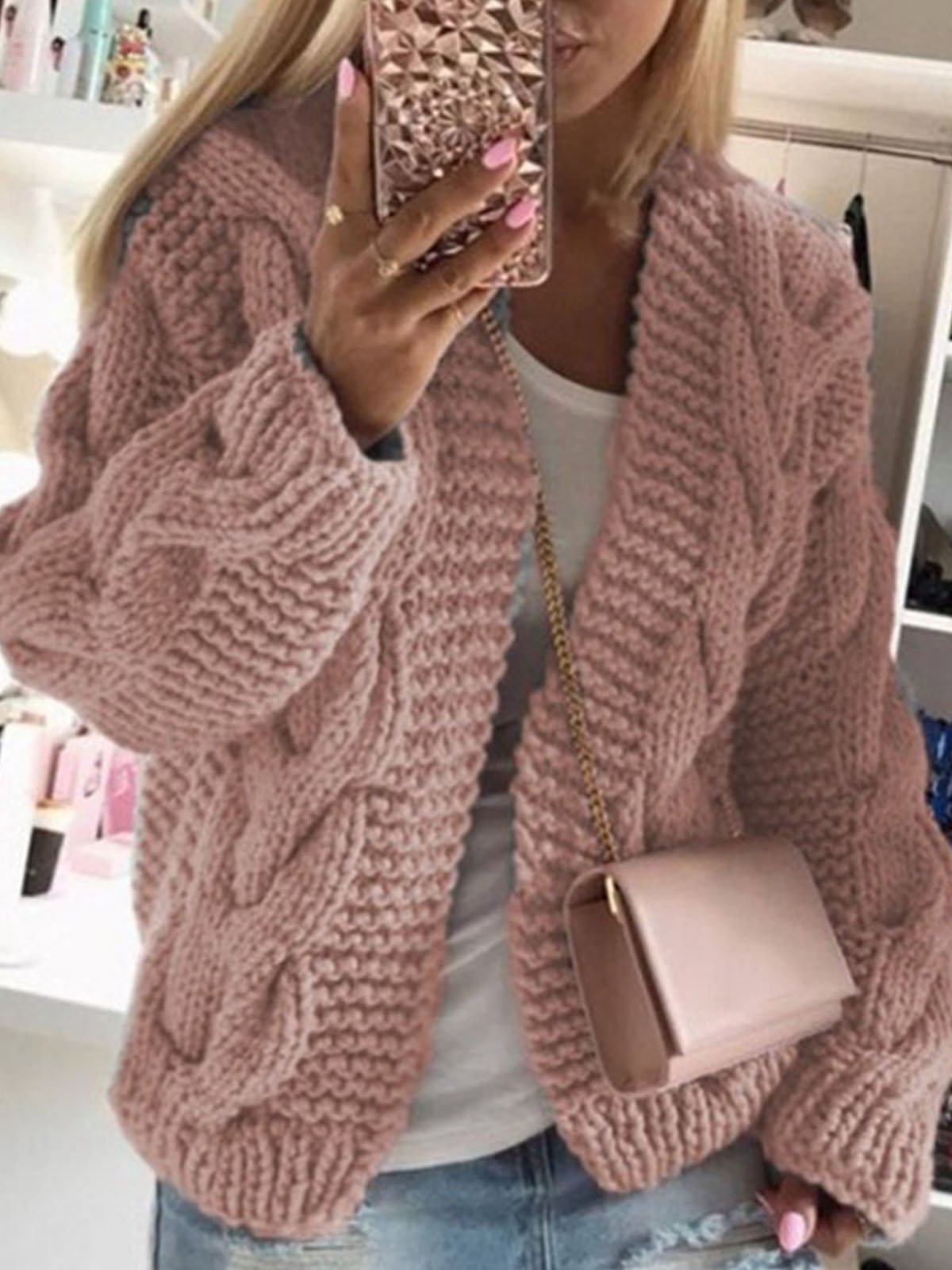 Women Yarn/Wool Yarn Plain Long Sleeve Comfy Casual Cardigan