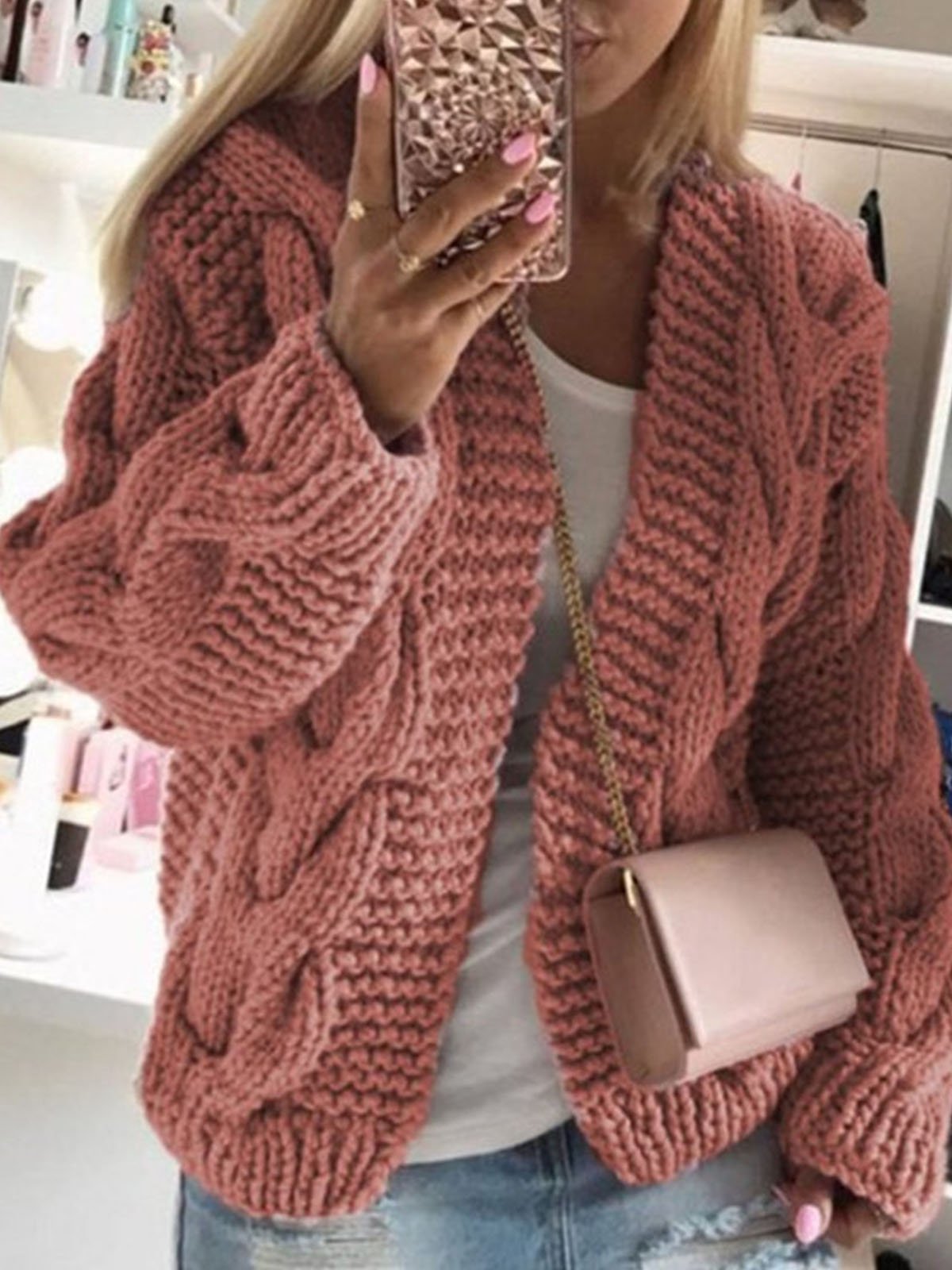 Women Yarn/Wool Yarn Plain Long Sleeve Comfy Casual Cardigan