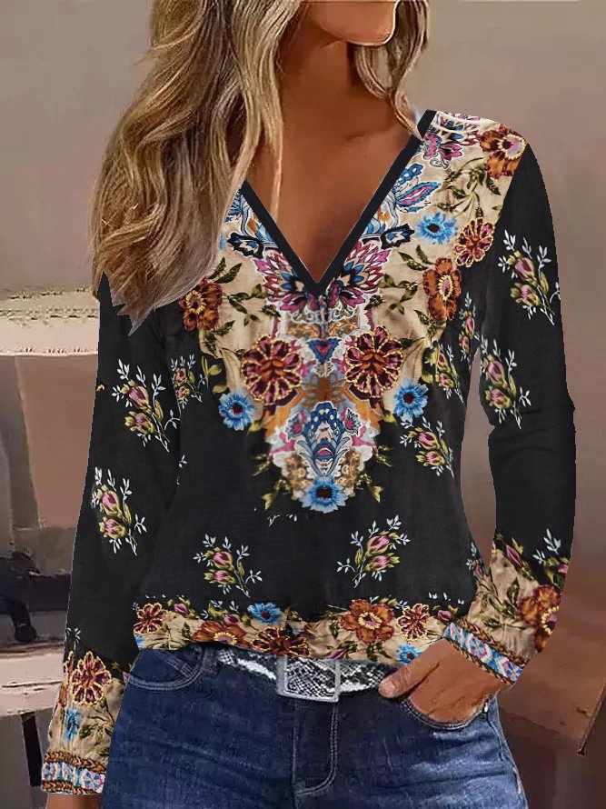 Casual Floral V Neck Long Sleeve T-shirt