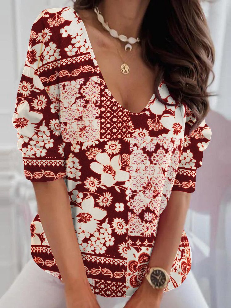 Casual Floral V Neck Long Sleeve T-shirt