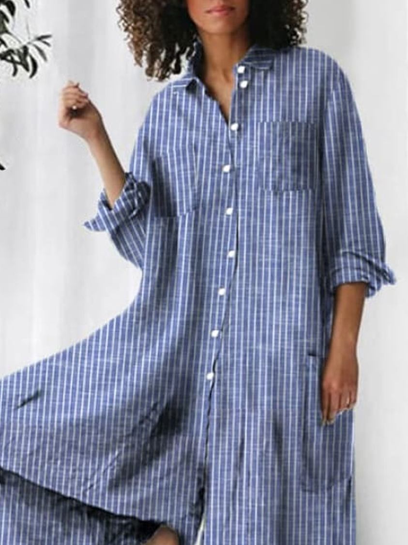 Women Short Sleeve Shawl Collar Loose Long Buttoned Daily Casual Striped Natural Shirt Jumpsuit