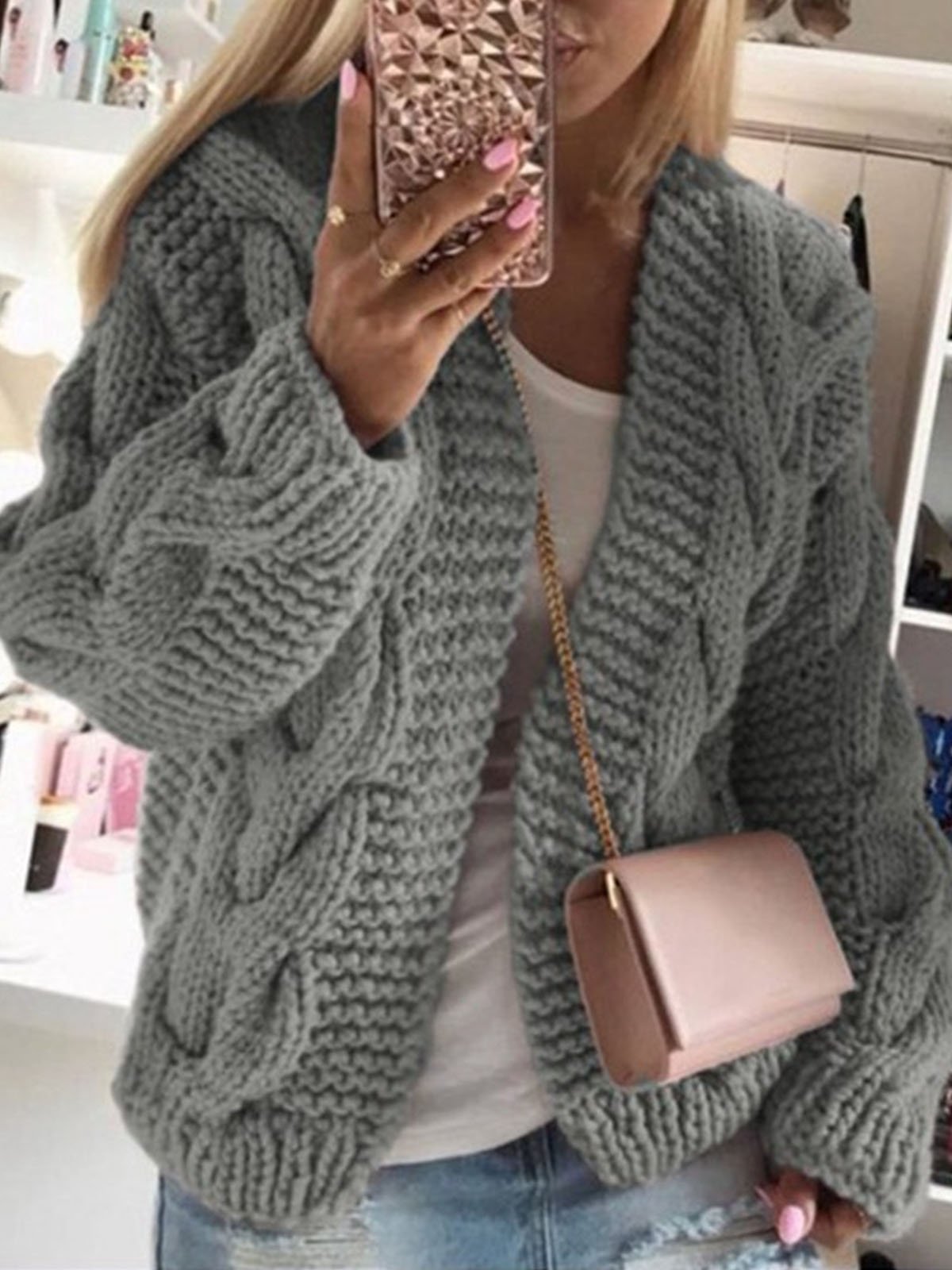 Women Yarn/Wool Yarn Plain Long Sleeve Comfy Casual Cardigan