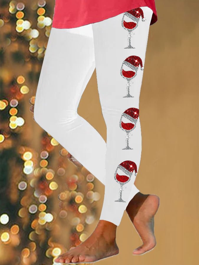 Vintage Christmas Wine Glass Printing Long Leggings