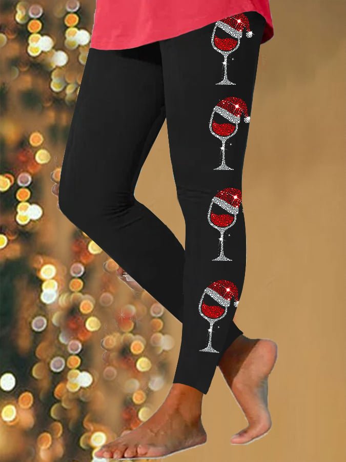 Vintage Christmas Wine Glass Printing Long Leggings