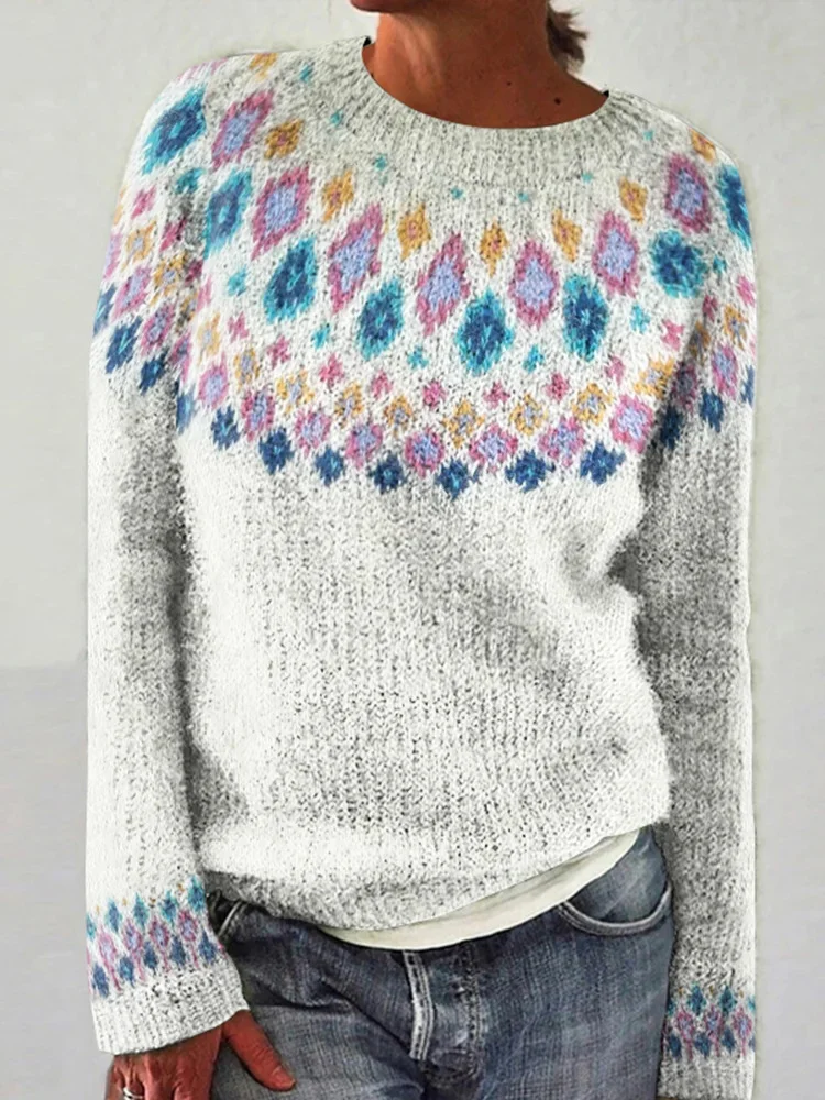 Women Wool/Knitting Ethnic Geometry Long Sleeve Comfy Casual Sweater