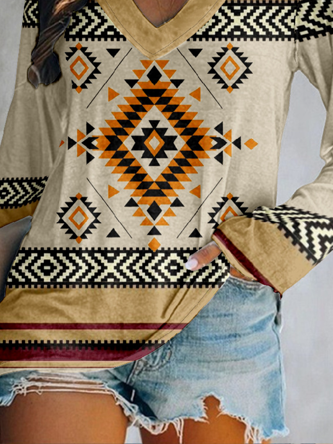 Vintage Ethnic Geometry V Neck Long Sleeve T-shirt