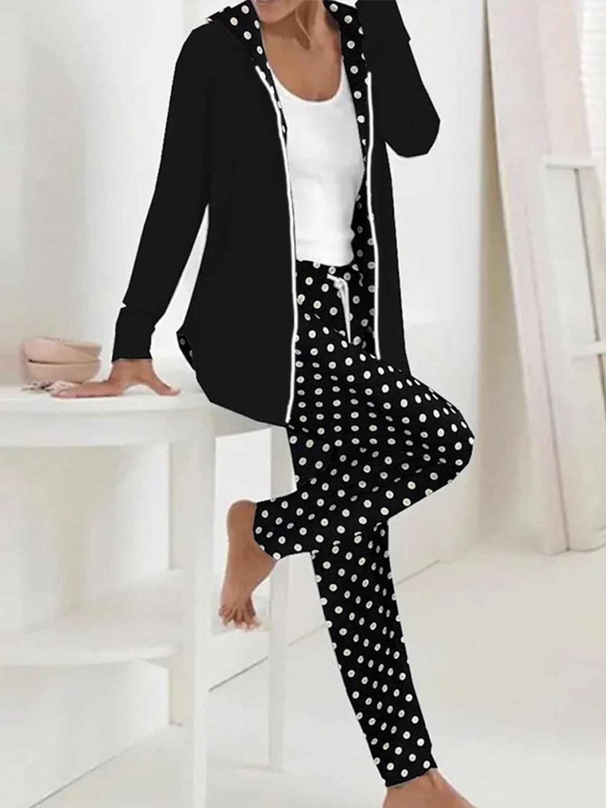 Women Polka Dots Hoodie Long Sleeve Comfy Casual Coat With Pants Two-Piece Set