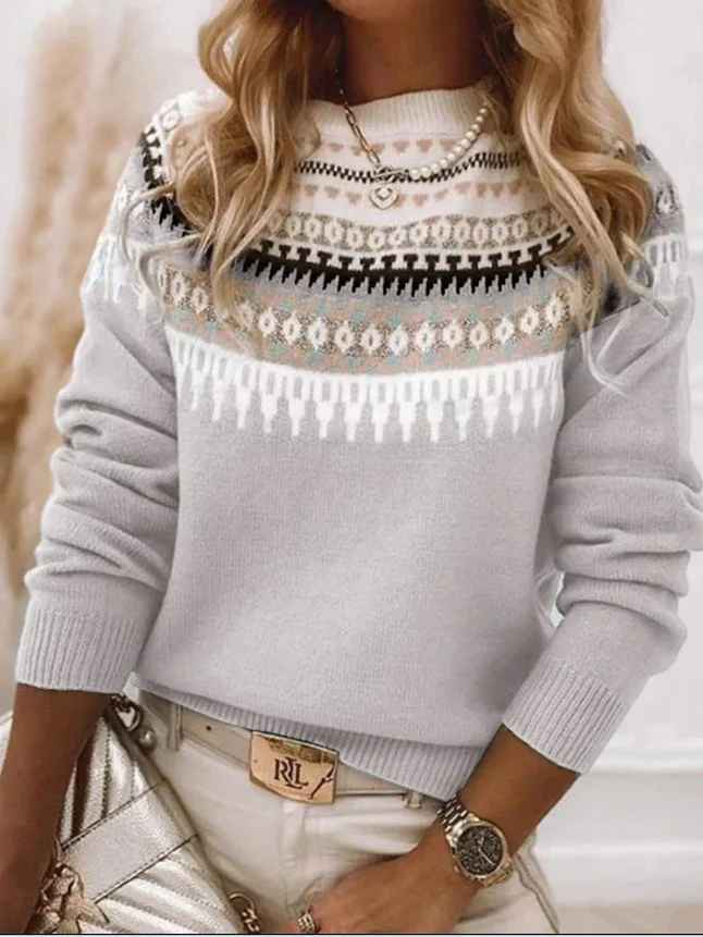 Women Wool/Knitting Ethnic Geometry Long Sleeve Comfy Casual Sweater