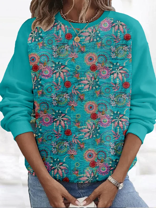 Casual Crew Neck Floral Sweatshirt