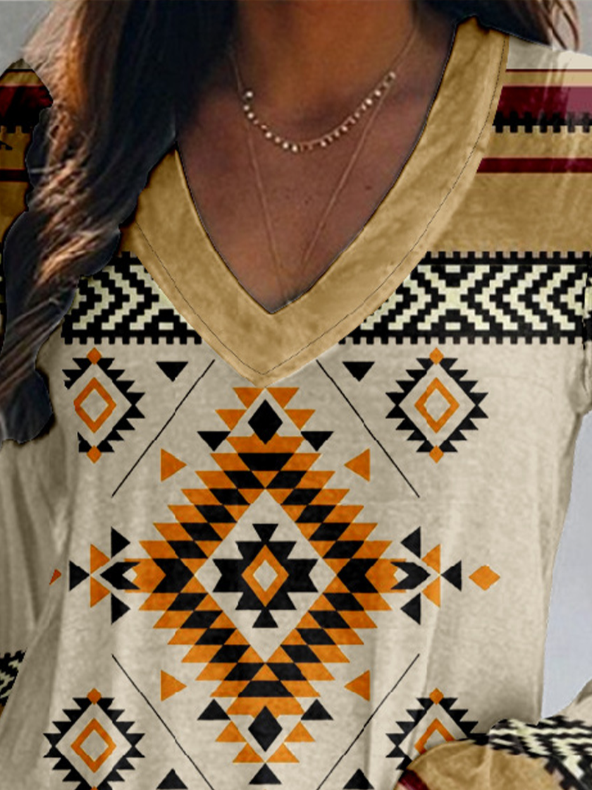 Vintage Ethnic Geometry V Neck Long Sleeve T-shirt