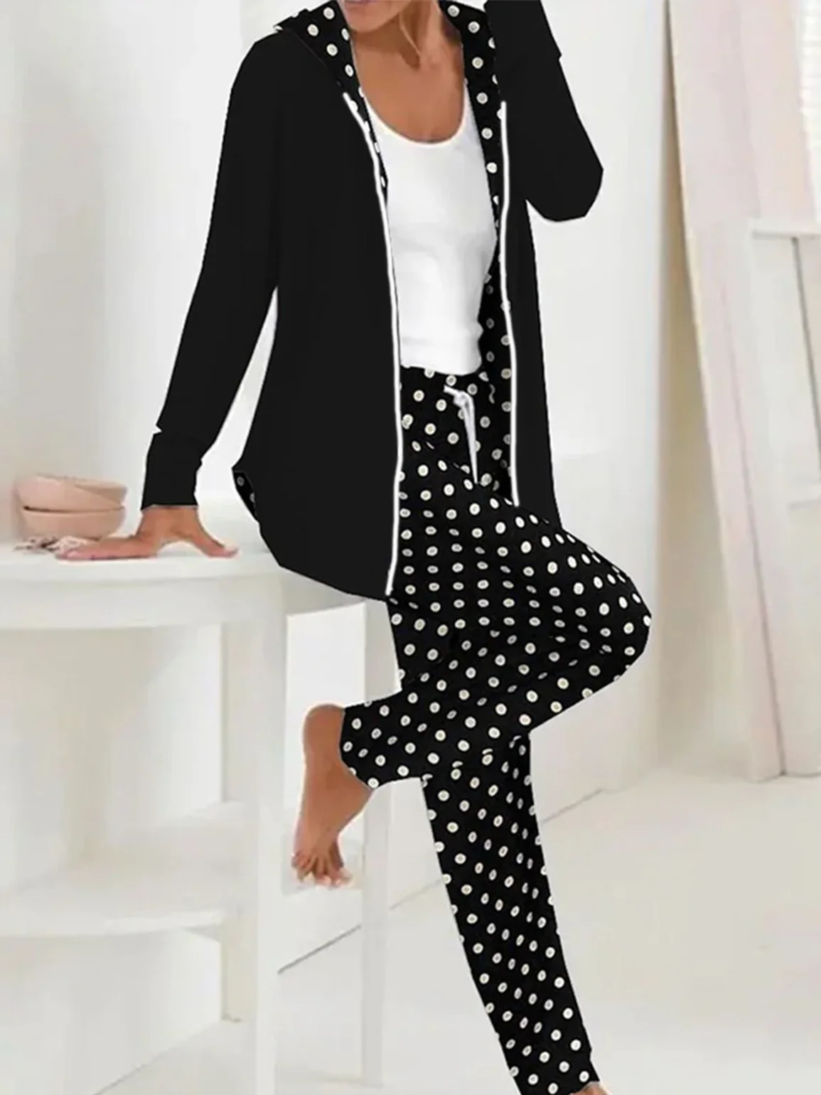 Women Polka Dots Hoodie Long Sleeve Comfy Casual Coat With Pants Two-Piece Set