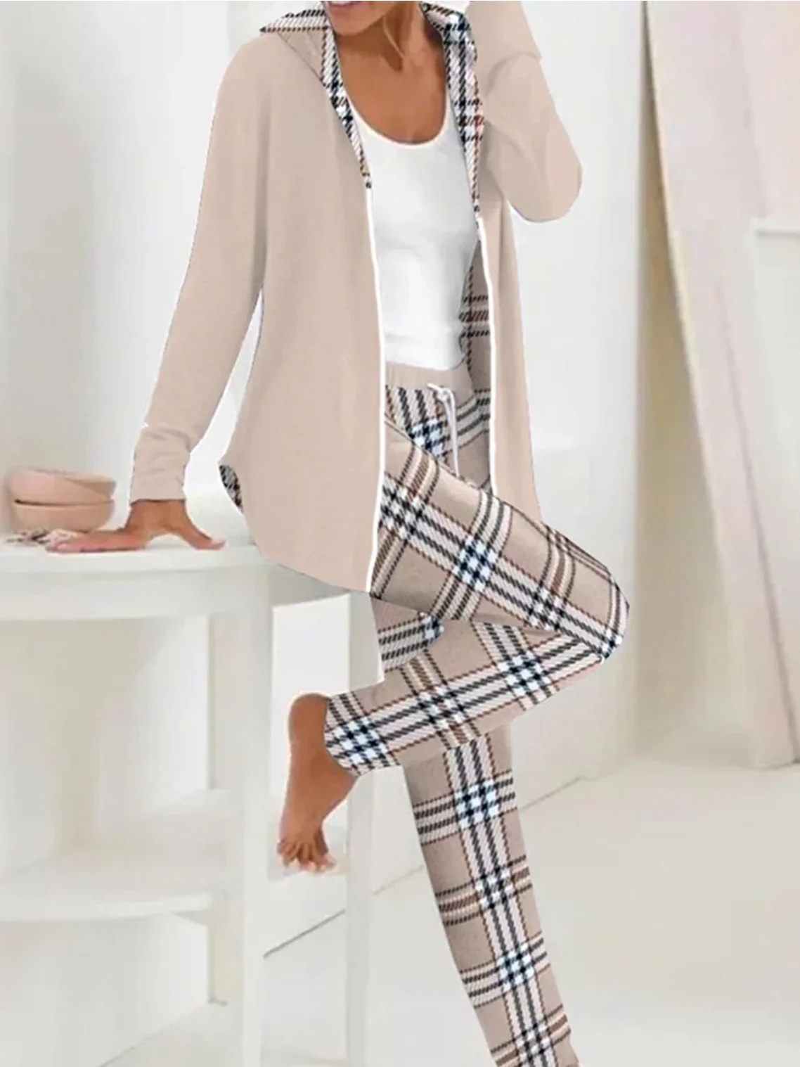 Women Plaid Hoodie Long Sleeve Comfy Casual Coat With Pants Two-Piece Set