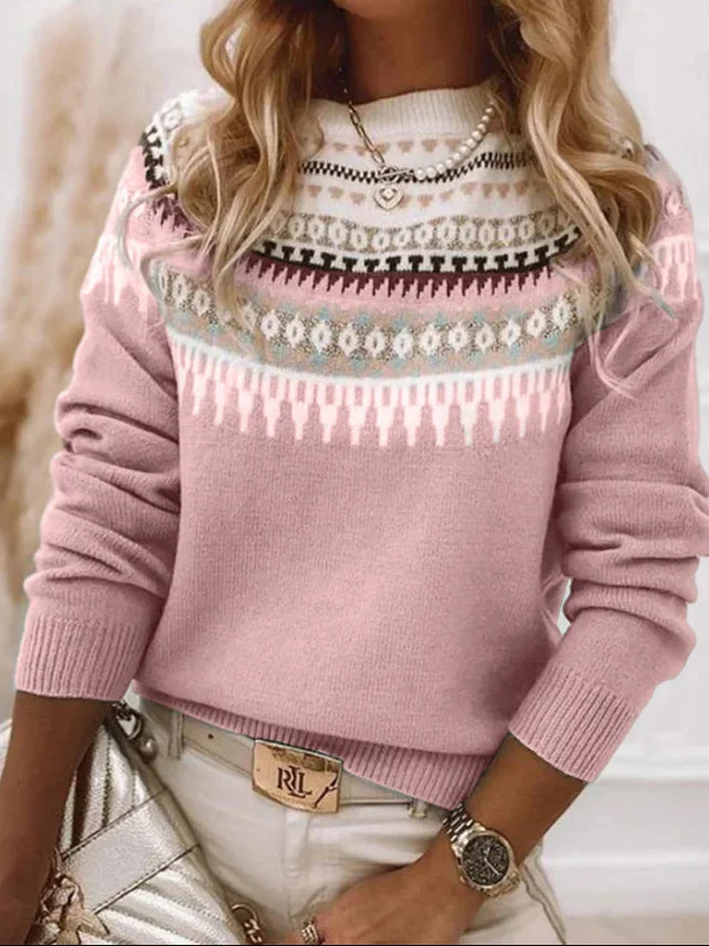 Women Wool/Knitting Ethnic Geometry Long Sleeve Comfy Casual Sweater