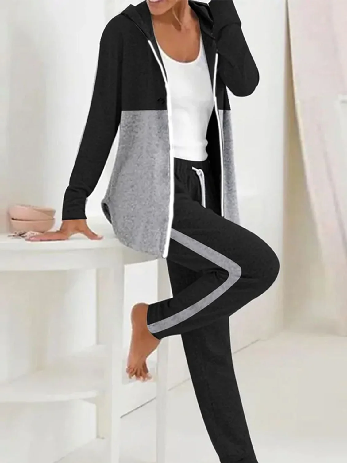 Women Color Block Hoodie Long Sleeve Comfy Casual Coat With Pants Two-Piece Set