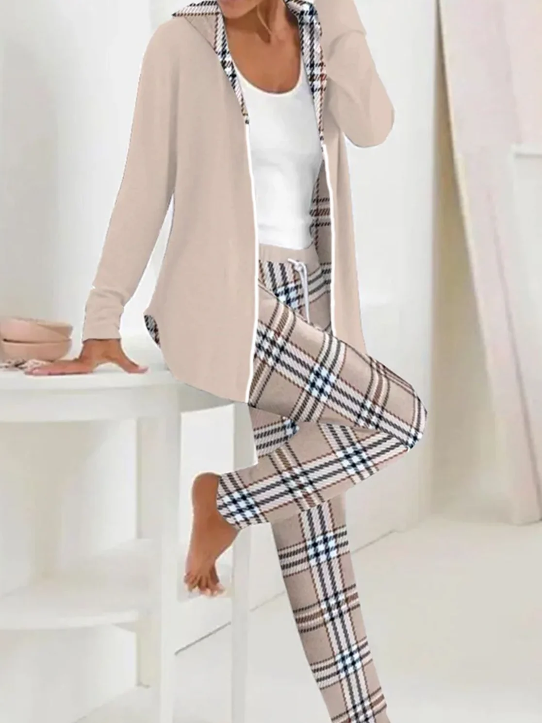 Women Plaid Hoodie Long Sleeve Comfy Casual Coat With Pants Two-Piece Set